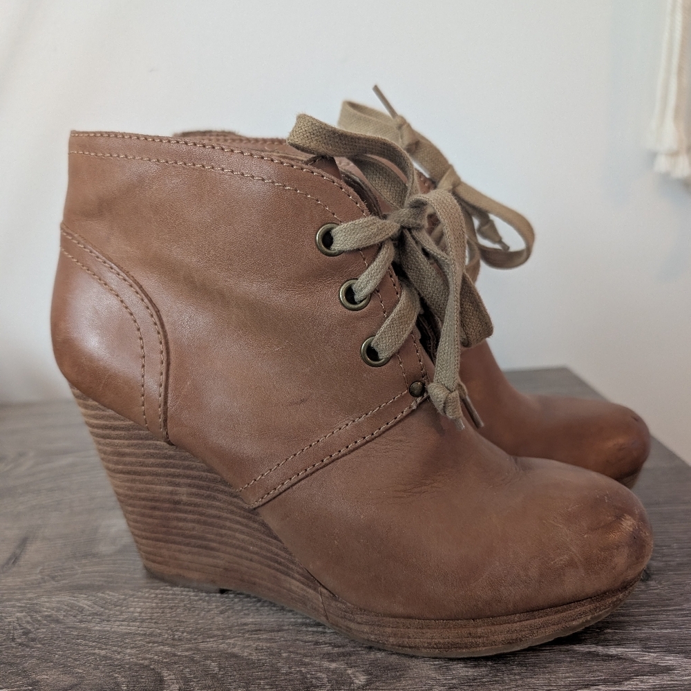 3 For $12 Lucky Brand Brown‎ Wedge Leather Ankle Boots